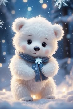 a white teddy bear wearing a blue scarf and holding a snowflake in its paws