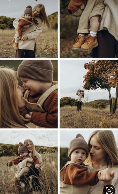 four different pictures of people in the field with one holding a baby and two other looking at each other