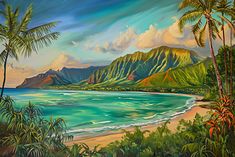 a painting of a tropical beach with mountains in the background