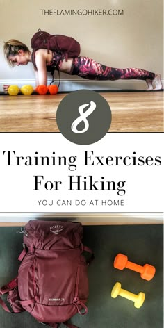 a woman doing exercises on the floor with dumbbells and an exercise bag next to her