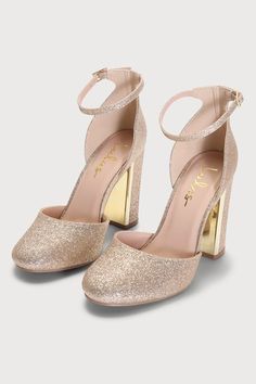 Lulus Exclusive! Everyone loves the Lulus Laura Champagne Glitter Ankle Strap Heels with their sparkly glitter composition, almond toe upper, and adjustable ankle strap with gold buckle! Block heel is trimmed in shiny gold. 4" wrapped block heel. Cushioned insole. Rubber sole has nonskid markings. Man made materials. Imported. Lulus | Laura Champagne Glitter Ankle Strap Heels | Size 8.5. Gold Closed Toe Heels, Gold Heels Prom, Unique High Heels, Gold Shoes Heels, Graduation Shoes, Gold Sparkly Heels, Sparkly High Heels, High Heels For Prom, Gold Wedding Shoes