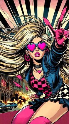 a woman with blonde hair and pink heart shaped glasses on her face is flying through the air