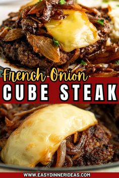 the french onion cube steak is served on a plate with mashed potatoes and gravy