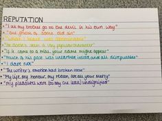 a piece of paper with writing on it that says, reputation i'm not today go back about in this town