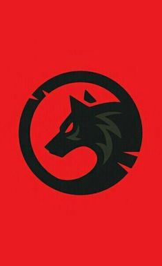 a black and red wolf logo on a red background