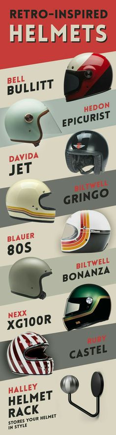 a poster with different types of helmets on it's sides and the words, retro - inspired helmets