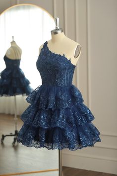 Dark Navy One Shoulder Appliques Multi-Layers Tulle Homecoming Dress Navy Homecoming Dress, Tulle Homecoming Dress, Evening Dresses Cocktail, Grad Dresses, Gowns With Sleeves, Prom Dresses Lace, Hoco Dresses, Prom Dresses Blue, Homecoming Dress