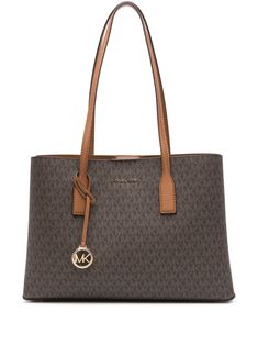 coffee brown/cognac brown calf leather pebbled texture monogram print gold-tone logo lettering logo charm concealed magnetic fastening thin shoulder straps partitioned compartment internal zip-fastening pocket metal feet gold-tone hardware Michael Kors Tote Bag, Michael Kors Tote Bags, Lettering Logo, Chanel 2, Iconic Bags, Monogram Prints, Coffee Brown, Ballet Flat Shoes, Leather Tote Bag