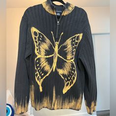 Quarter Zip Sweater Black With Hand Painted Butterfly Using Bleach Bought From Artist In Los Angeles One Of A Kind Sweatshirt Painting, Painted Sweater, Bleach Painting, Hand Painted Butterfly, Butterfly Sweater, Painted Butterfly, Quarter Zip Sweater, Vintage Butterfly, Zip Sweater