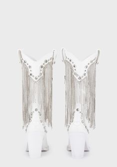 cuz bless your heart. These cowboy boots have a vegan leather construction, rhinestone fringe detailing, jewel studs, and side zipper closures. White Bling Cowboy Boots, Bedazzled Cowboy Boots, Diamond Boots White, White Cowgirl Boots Rhinestones, White Fringe Cowboy Boots, White Leather Boots With Rhinestones, Pink Platform Boots, Fringe Cowboy Boots, White Cowboy Boots