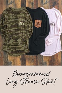 Hello, cold weather! You’ll be ready for cooler weather and chilly nights with our cozy Monogrammed Long-Sleeve Shirt, available in over a dozen different colors and in some amazing prints, such as camo prints and animal prints. Prefer solid colors? Choose between go-with-anything solid neutrals and bright, rich colors. From black long-sleeve shirts to hot pink hues, women have so many options from which to choose in our selection of great styles. Marley Lilly, Black Long Sleeve Shirt, Tunic Styles, Cooler Weather, Animal Prints, Black Long Sleeve, Cold Weather, Military Jacket, Long Sleeve Shirt