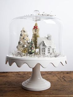 a christmas display under a glass dome on top of a wooden table