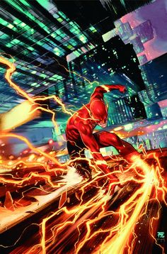 the flash running through a city at night