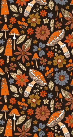 an orange and brown mushroom pattern with flowers on the ground, in front of a black background