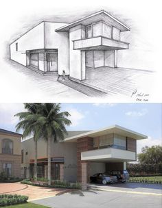 two different views of the same building and one is drawn in pencil, but not colored