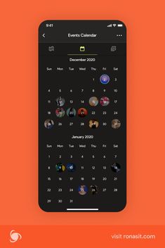 the calendar app is displayed on an orange and black background with text that reads events calendar