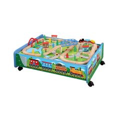 a children's play table with a train set on it