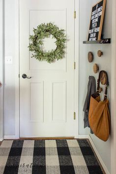 a white door with a black and white checkered rug