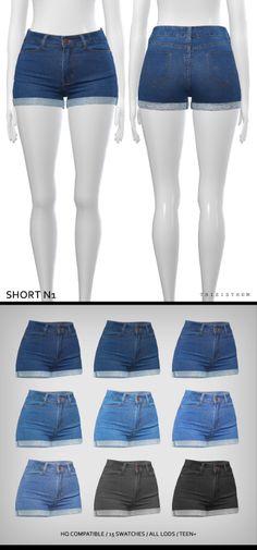 the front and back view of shorts with different colors, sizes and styles on mannequins