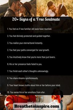 a poster with the words 20 signs of a true soulmate on it's side