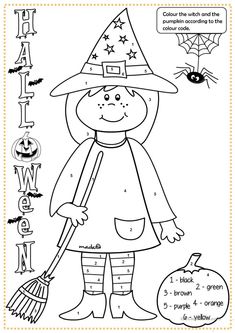 a coloring page for halloween with a girl in a witch hat holding a broom and pumpkin