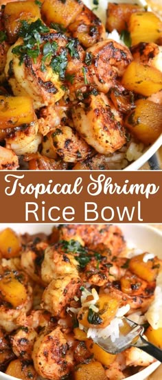 tropical shrimp rice bowl with pineapples and onions