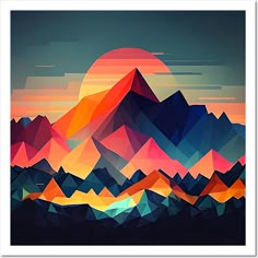 an abstract mountain landscape with the sun setting in the background and low - poly shapes