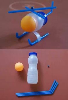 two pictures of an object made out of plastic bottles and straws, one with a ball on it