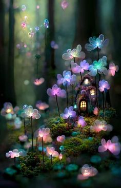 a fairy house in the middle of a forest with bubbles floating all over it's surface