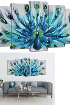 a blue peacock with green feathers on it's tail is featured in this modern living room