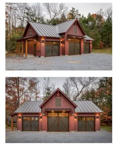 two garages side by side with the doors open and one has a metal roof