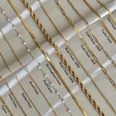 "18K Gold Chain Necklace, Twist Chain, Figaro Chain, Dainty Chain, Bead Chain, Curby Chain, Cuban Chain, Tiny Link Chain, Rope Chain, Paperclip chain, Herringbone Chain. * If you would like to add a Bracelet or Anklet please follow the link below. * All chains are made of High-Quality 18K Gold Filled over Stainless Steel* All Chains are nickel-free, lead-free, waterproof and tarnish resistant. Our jewelry is made to last, made of high-quality materials and it will NOT tarnish nor discolor. This Basic Chain Necklace, Chain Types Jewelry, Braided Chain Necklace, Affordable Party Necklaces With Curb Chain, Types Of Chain Necklaces, Nickel Free Cheap Chain Bracelet For Party, Types Of Jewelry Chains, Luxury Gold Custom Necklace Tarnish Resistant, Wedding Chain Link Necklace