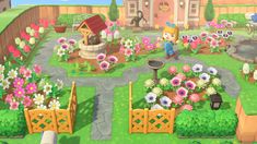 an animal crossing game in the middle of a flower garden with animals and flowers around it