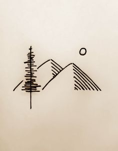 a black and white drawing of mountains with trees