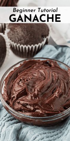 a bowl filled with chocolate ganache next to cupcakes