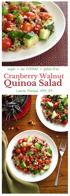 the cover of cranberry walnut quinoa salad is shown in three different photos