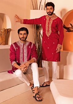 Crimson Red Chinese Collar Emrboidered Kurta Set Shreyansh - Fabilicious Fashion Kurta Designs Men's, Gents Kurta Design, Red Kurta, Gents Kurta, Kurta Men, Kurta Style, White Kurta, Beads Work, Chinese Collar