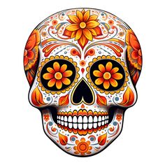 a sugar skull with orange flowers on it