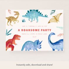 Our digital party invitations, easy to personalize and download, are ideal for your dinosaur party. Print Invitation, Kids Birthday Party Invitations, Dinosaur Theme, Dinosaur Birthday Party, A Dinosaur, Dinosaur Party, 3rd Birthday Parties, Dinosaur Birthday, Printed Invitations