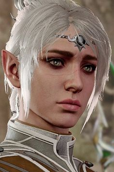 a close up of a person with white hair and piercings on their forehead,