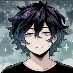 an anime character with blue hair and stars on his head, staring at the camera