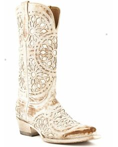 Full-grain leather. Pull tabs. Snip toe. Leather lining. Glitter inlay design. Floral embroidery. Leather outsole. Wedding Cowboy Boots For Bride, Western Wedding Shoes, Dress And Cowgirl Boots, White Lace Boots, Wedding Cowboy Boots, Western Winter, Cowgirl Wedding, Boots Mid Calf, Off White Clothing