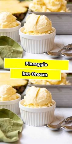 three images showing different types of ice cream in small bowls with spoons on the side