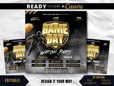 the game day party flyer is shown with gold and black football players on white paper