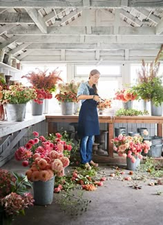 a woman in an indoor flower shop looking at potted flowers on the table and behind her are buckets with pink and red flowers