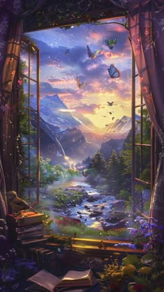 an open window overlooking a river and mountains with butterflies flying over the water at sunset