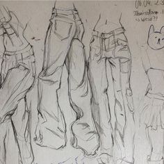 three sketches of different types of pants and shoes, one in the middle with a cat on it's back