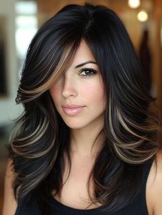 Gorgeous Ideas for Black Hair with Highlights: Elevate Your Style Highlights For Medium Hair, Best Balayage For Black Hair, Black Brown Hair Color Ideas, Layered With Highlights, Dark Hair With Copper Highlights, Silver Highlights On Dark Hair, Black Hair With Caramel Highlights, Bangs With Highlights, Haunted Mansion Wreath