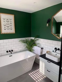 a white bath tub sitting next to a bathroom sink under a mirror and a potted plant