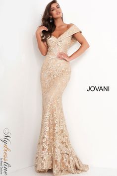 Indulge in opulence with Jovani 02923. Embrace elegance in this off-the-shoulder mermaid gown, adorned with intricate lace. The V-neckline and figure-hugging silhouette exude sophistication. Let the lace-trimmed train captivate as you make a grand entrance. Elevate your evening in this show-stopping masterpiece. Gold Lace Gown, Gold Lace Dress, Pageant Evening Gowns, Gold Lace Dresses, Silver Cocktail Dress, Gold Evening Dresses, Gold Prom, Lace Dress Design, Beautiful Long Dresses